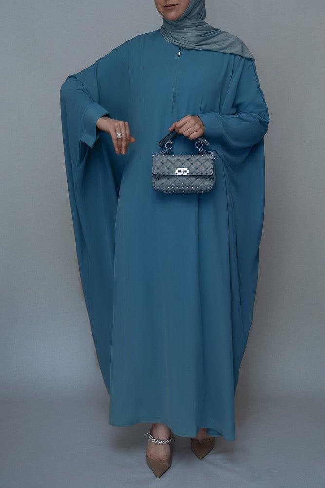 Elegant Blue Batwing Sleeve Dress with Front Zipper