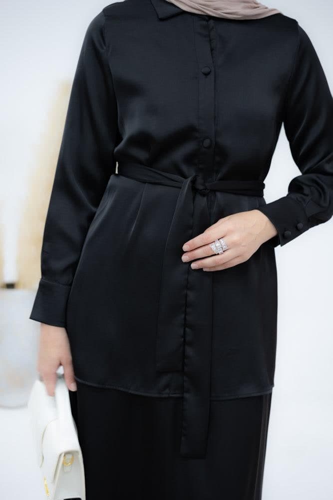 Black Blouse Skirt Modest Set Maxi Skirt with Elasticated Waistband Maxi Sleeve Buttoned Shirt with a Detachable Belt, view 9