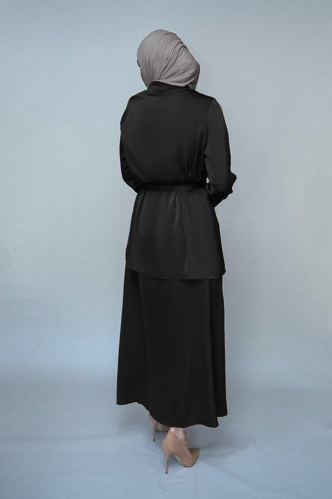 Black Blouse Skirt Modest Set Maxi Skirt with Elasticated Waistband Maxi Sleeve Buttoned Shirt with a Detachable Belt, view 10