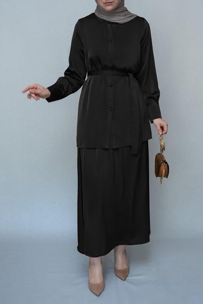 Black Blouse Skirt Modest Set Maxi Skirt with Elasticated Waistband Maxi Sleeve Buttoned Shirt with a Detachable Belt, view 6