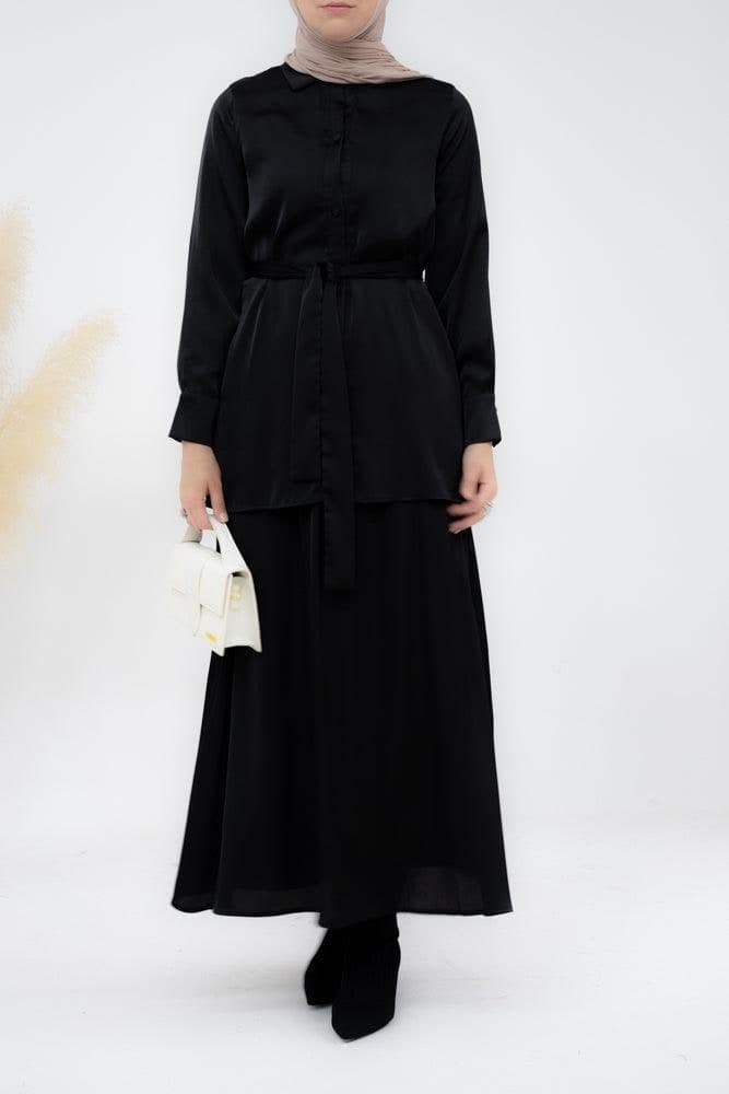 Black Blouse Skirt Modest Set Maxi Skirt with Elasticated Waistband Maxi Sleeve Buttoned Shirt with a Detachable Belt, view 5