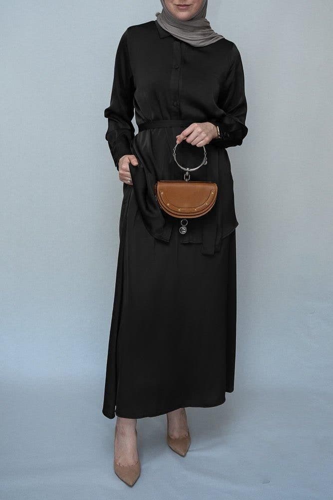 Black Blouse Skirt Modest Set Maxi Skirt with Elasticated Waistband Maxi Sleeve Buttoned Shirt with a Detachable Belt, view 7