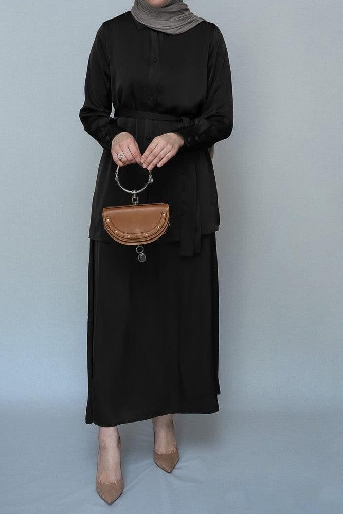 Black Blouse Skirt Modest Set Maxi Skirt with Elasticated Waistband Maxi Sleeve Buttoned Shirt with a Detachable Belt, view 8