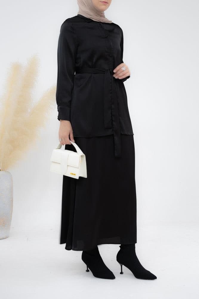 Black Blouse Skirt Modest Set Maxi Skirt with Elasticated Waistband Maxi Sleeve Buttoned Shirt with a Detachable Belt, view 4
