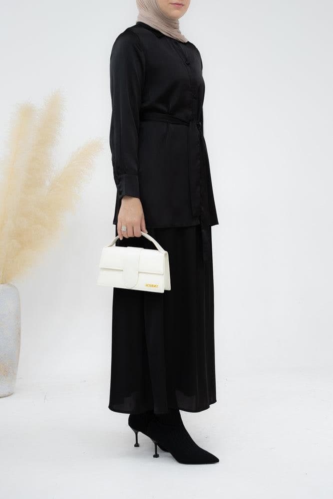Black Blouse Skirt Modest Set Maxi Skirt with Elasticated Waistband Maxi Sleeve Buttoned Shirt with a Detachable Belt, view 3