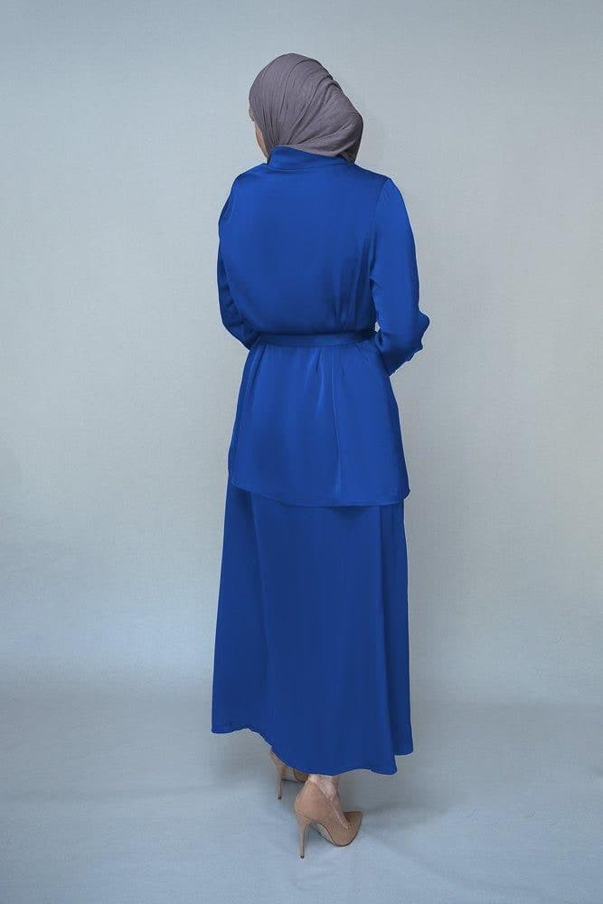Royal Blue Blouse Skirt Modest Set Maxi Skirt with Elasticated Waistband Maxi Sleeve Buttoned Shirt with a Detachable Belt, view 6