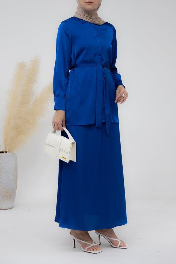 Royal Blue Blouse Skirt Modest Set Maxi Skirt with Elasticated Waistband Maxi Sleeve Buttoned Shirt with a Detachable Belt, view 5