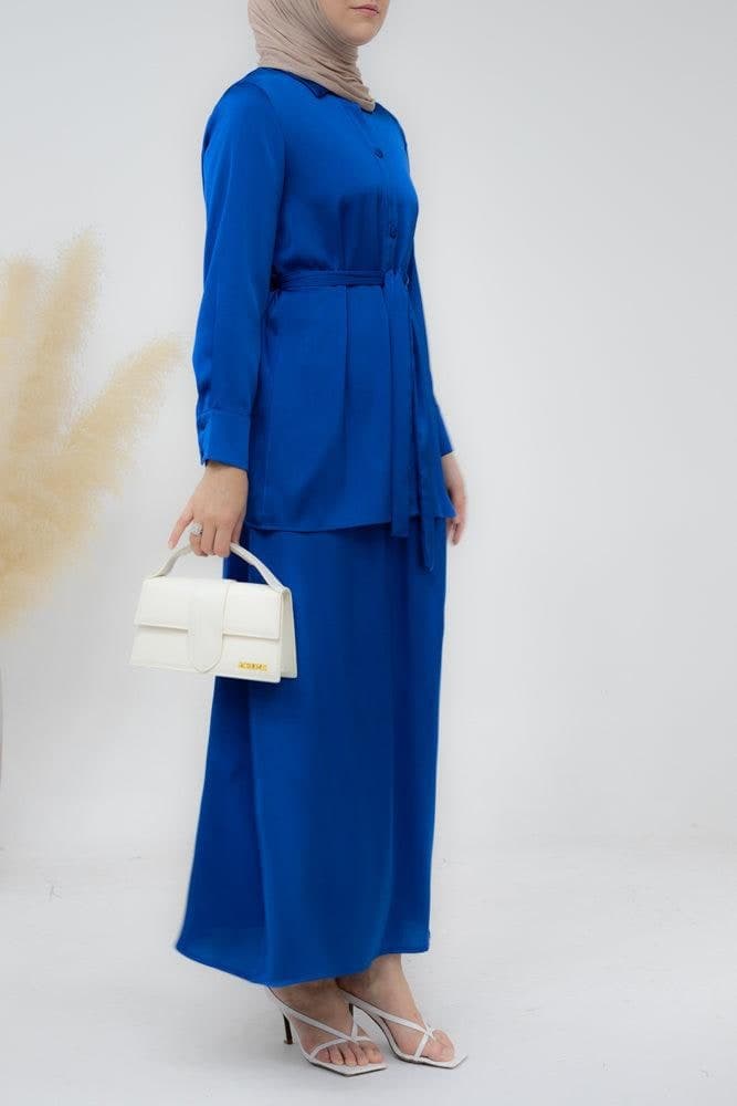 Royal Blue Blouse Skirt Modest set maxi skirt with elasticated waistband maxi sleeve buttoned shirt with a detachable belt