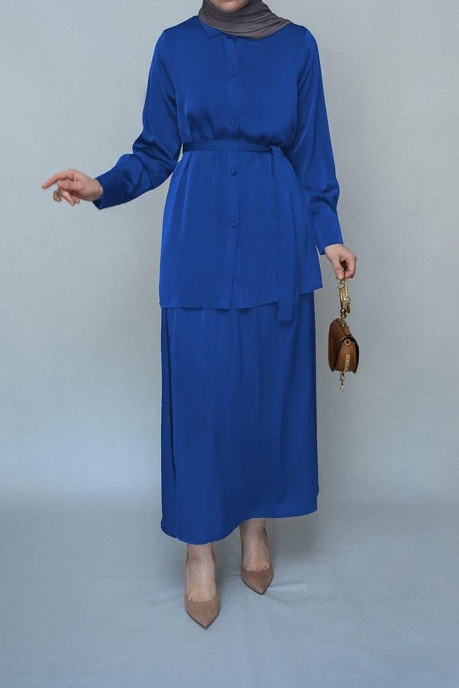 Royal Blue Blouse Skirt Modest Set Maxi Skirt with Elasticated Waistband Maxi Sleeve Buttoned Shirt with a Detachable Belt, view 3