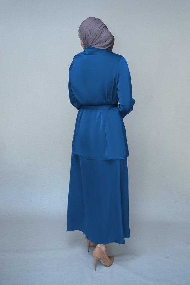 Turquoise Blouse Skirt Modest Set Maxi Skirt with Elasticated Waistband Maxi Sleeve Buttoned Shirt with a Detachable Belt, view 7