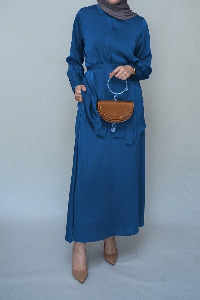 Turquoise Blouse Skirt Modest Set Maxi Skirt with Elasticated Waistband Maxi Sleeve Buttoned Shirt with a Detachable Belt, view 6