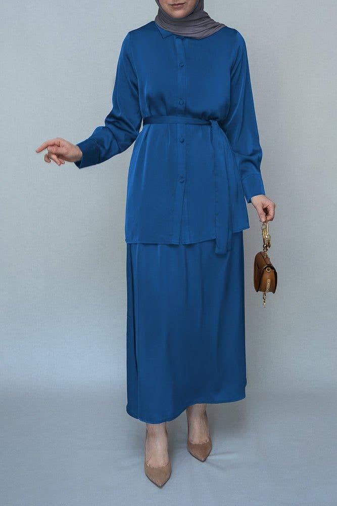 Turquoise Blouse Skirt Modest Set Maxi Skirt with Elasticated Waistband Maxi Sleeve Buttoned Shirt with a Detachable Belt, view 4