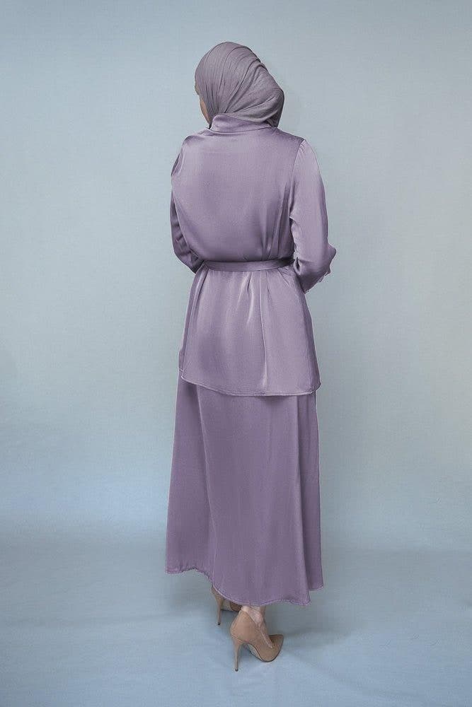Lavender Blouse Skirt Modest Set Maxi Skirt with Elasticated Waistband Maxi Sleeve Buttoned Shirt with a Detachable Belt in purple, view 9