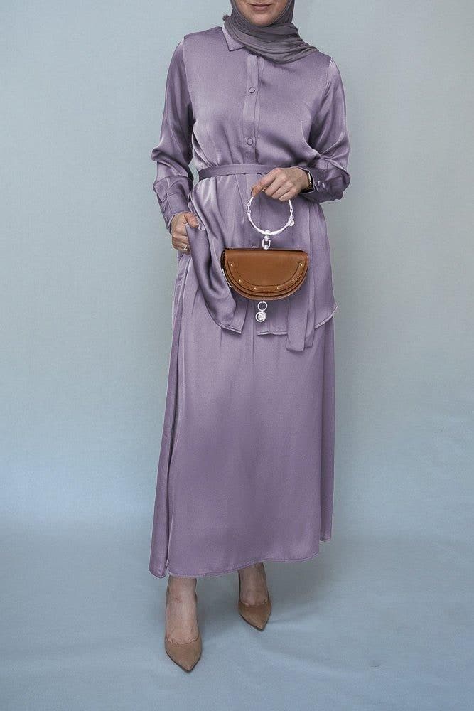 Lavender Blouse Skirt Modest Set Maxi Skirt with Elasticated Waistband Maxi Sleeve Buttoned Shirt with a Detachable Belt in purple, view 8