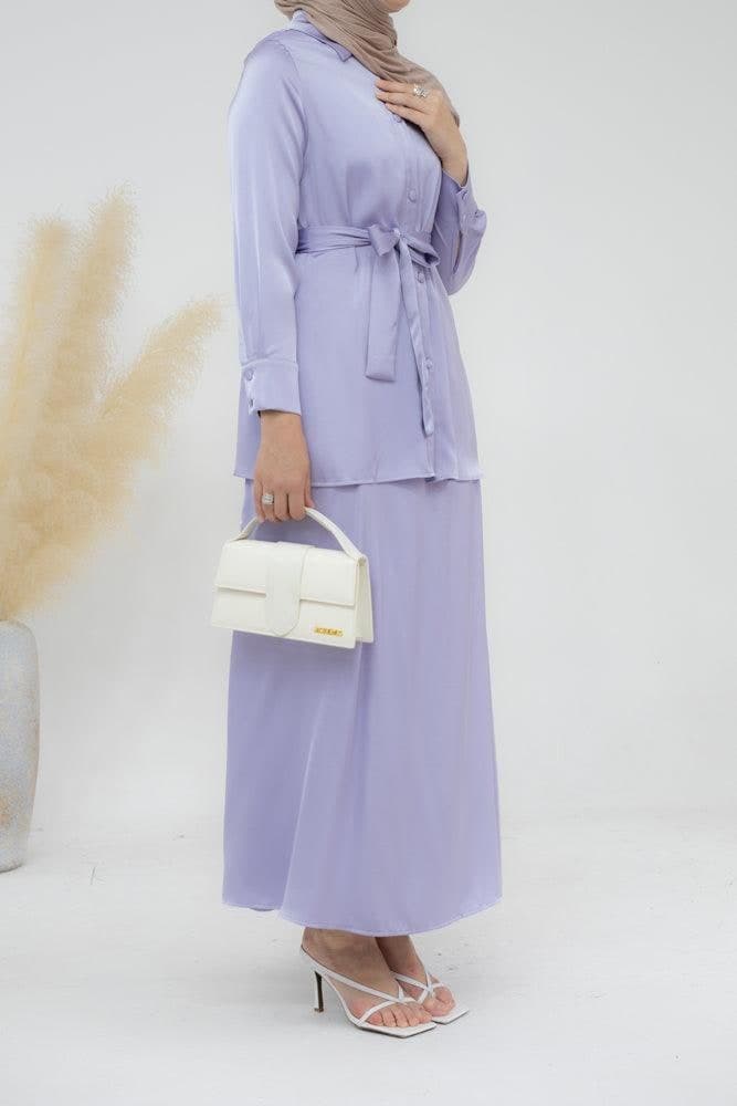 Lavender Blouse Skirt Modest Set Maxi Skirt with Elasticated Waistband Maxi Sleeve Buttoned Shirt with a Detachable Belt in purple, view 3