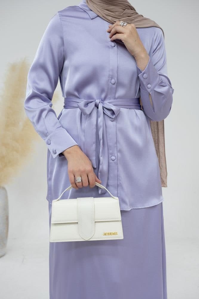Lavender Blouse Skirt Modest Set Maxi Skirt with Elasticated Waistband Maxi Sleeve Buttoned Shirt with a Detachable Belt in purple, view 7