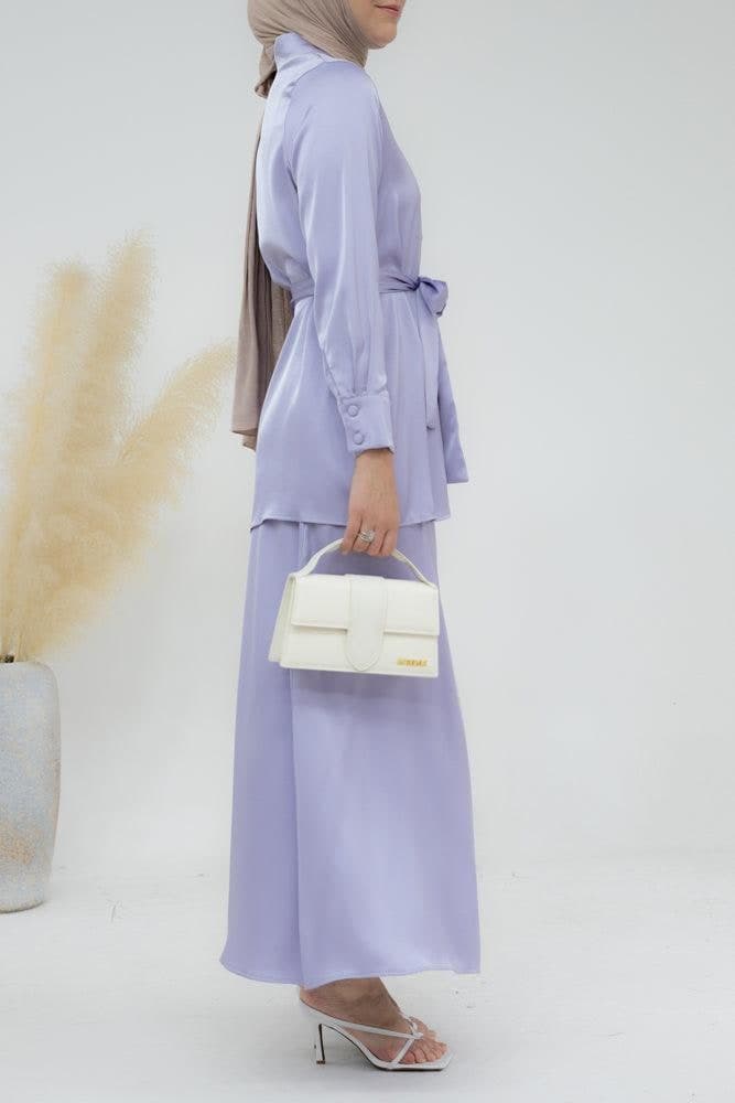 Lavender Blouse Skirt Modest Set Maxi Skirt with Elasticated Waistband Maxi Sleeve Buttoned Shirt with a Detachable Belt in purple, view 5