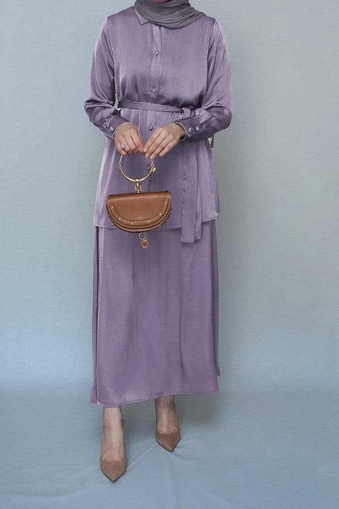 Lavender Blouse Skirt Modest Set Maxi Skirt with Elasticated Waistband Maxi Sleeve Buttoned Shirt with a Detachable Belt in purple, view 6