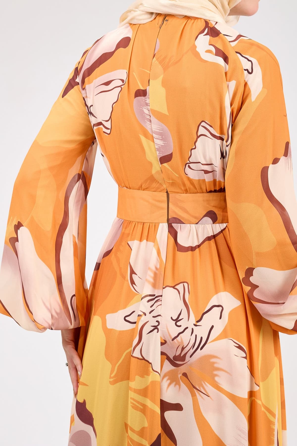 Floral chiffon maxi dress with autumn bloom pattern in amber tones
