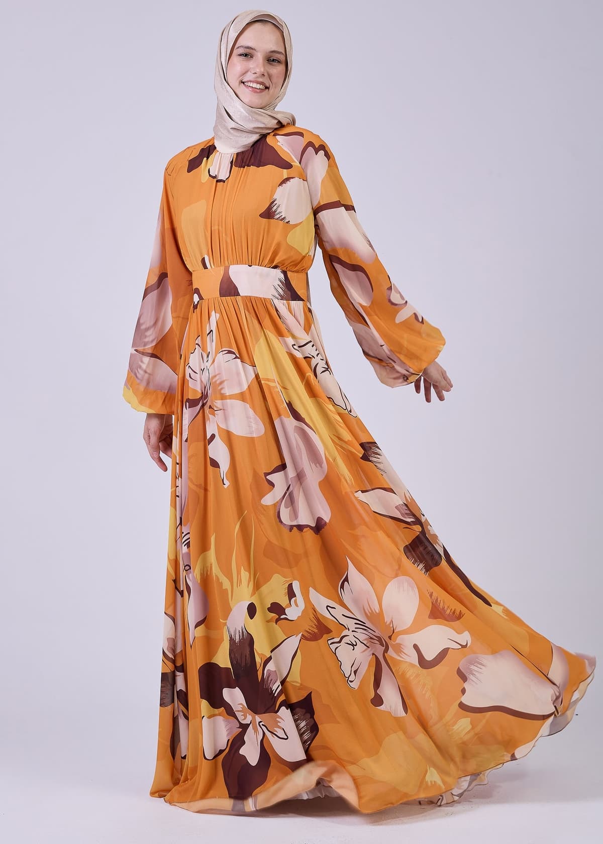 Flared sleeves on floral chiffon modesty dress