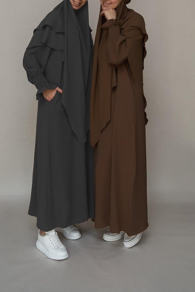 Dark Gray Prayer Gown Umrah Abaya Dress Non-wrinkling in dark grey, view 3