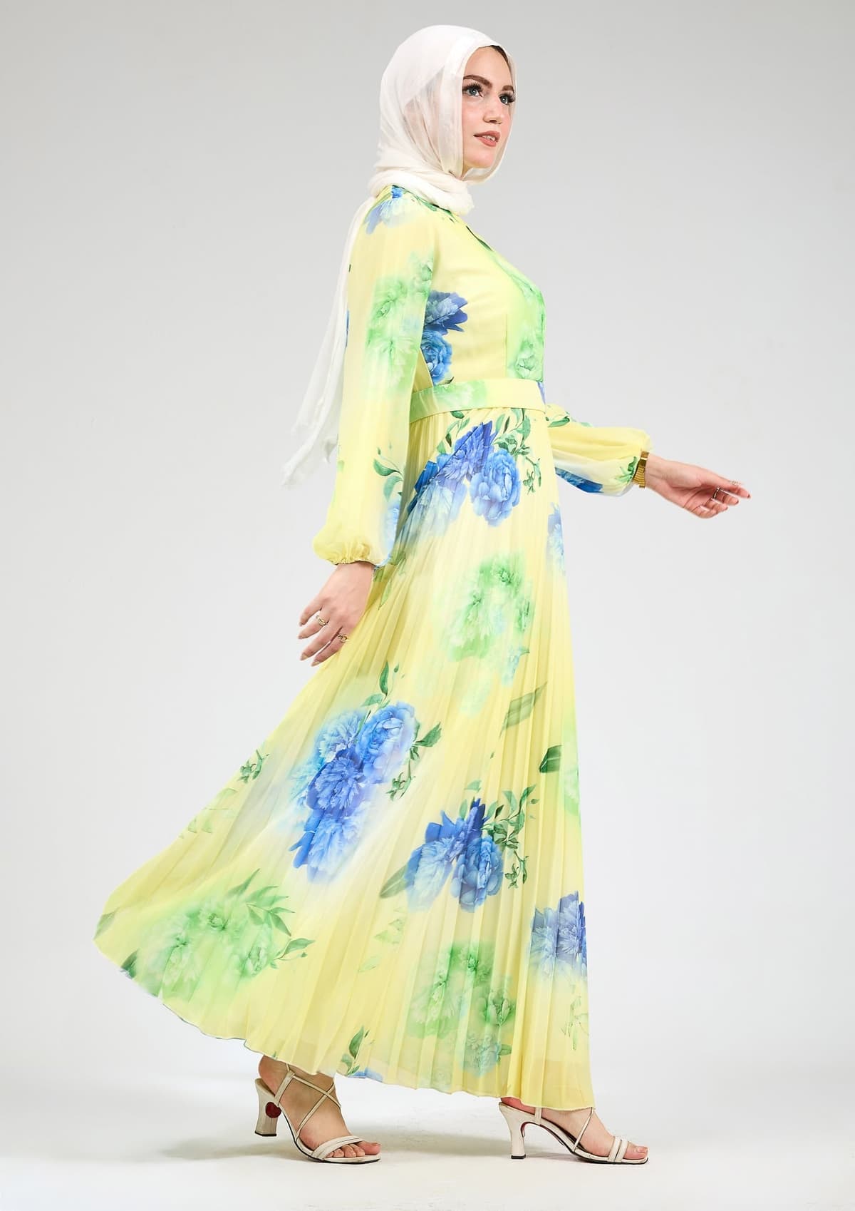 Side view of modest floral chiffon maxi dress