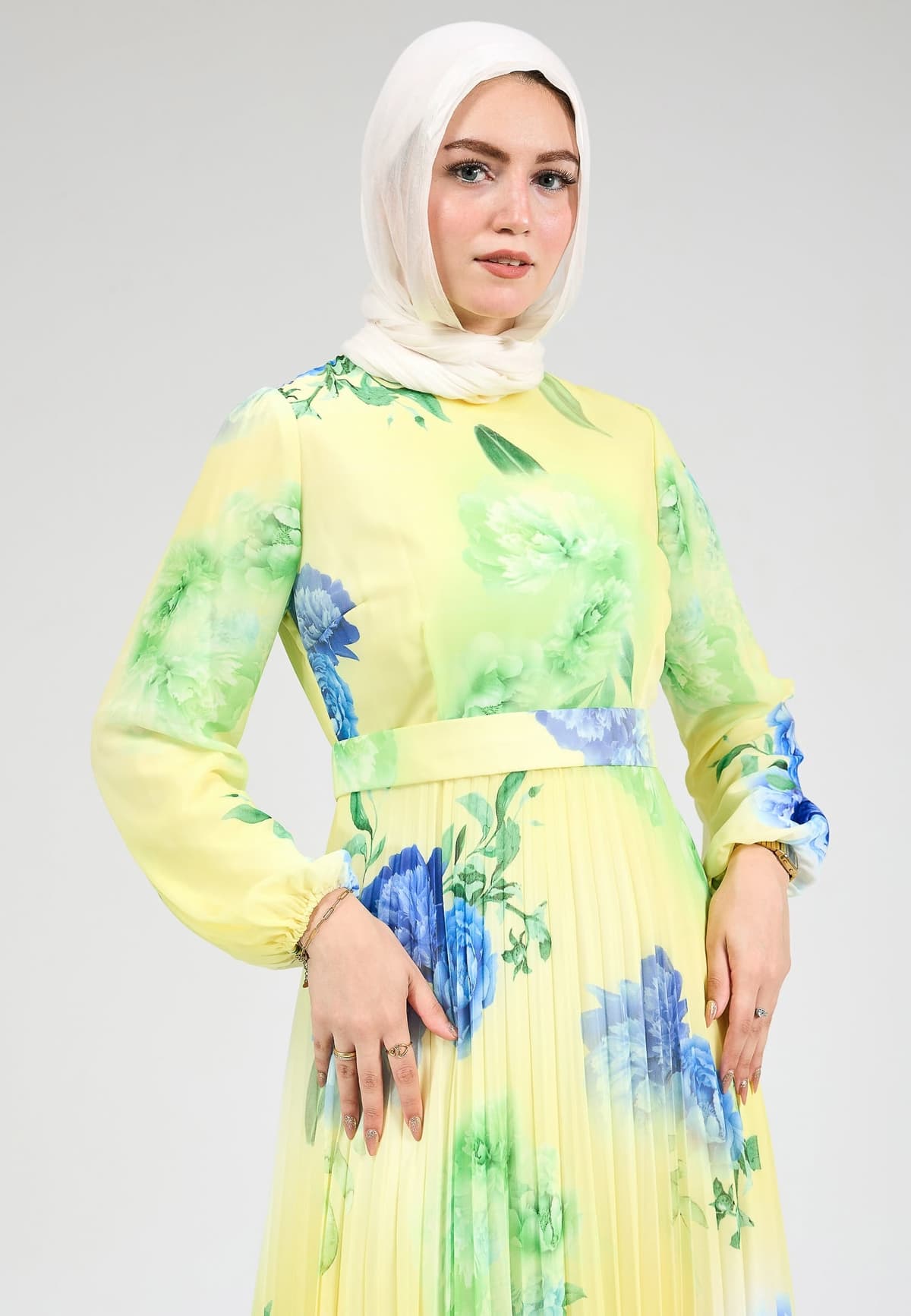 Side view of modest floral chiffon maxi dress