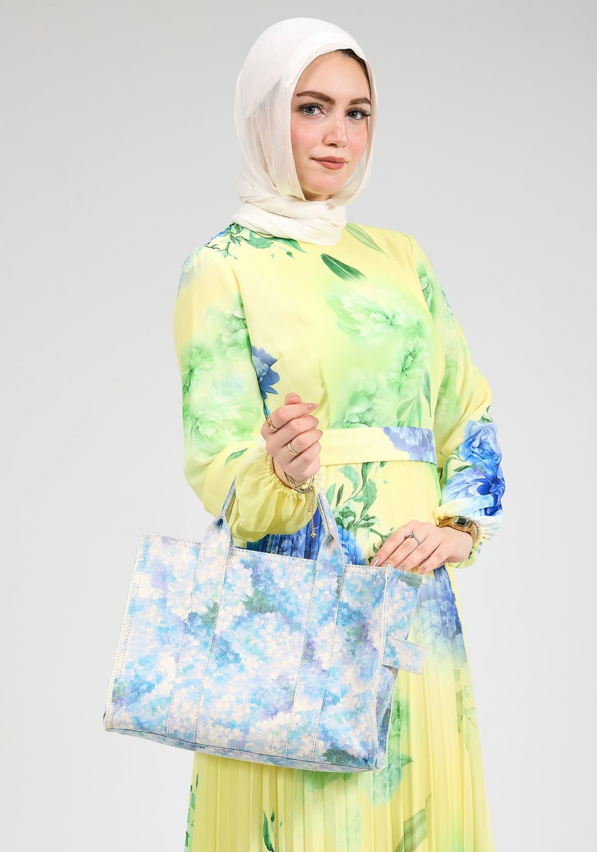 Close-up of floral print on chiffon maxi dress