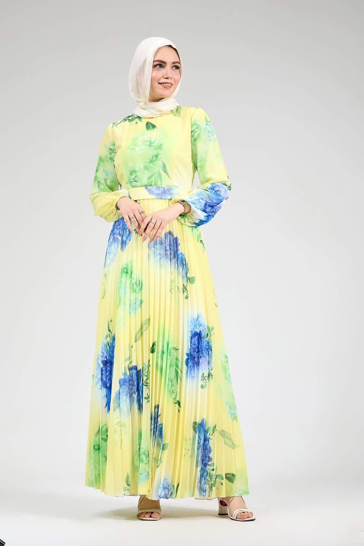 Front view of floral chiffon modest maxi dress