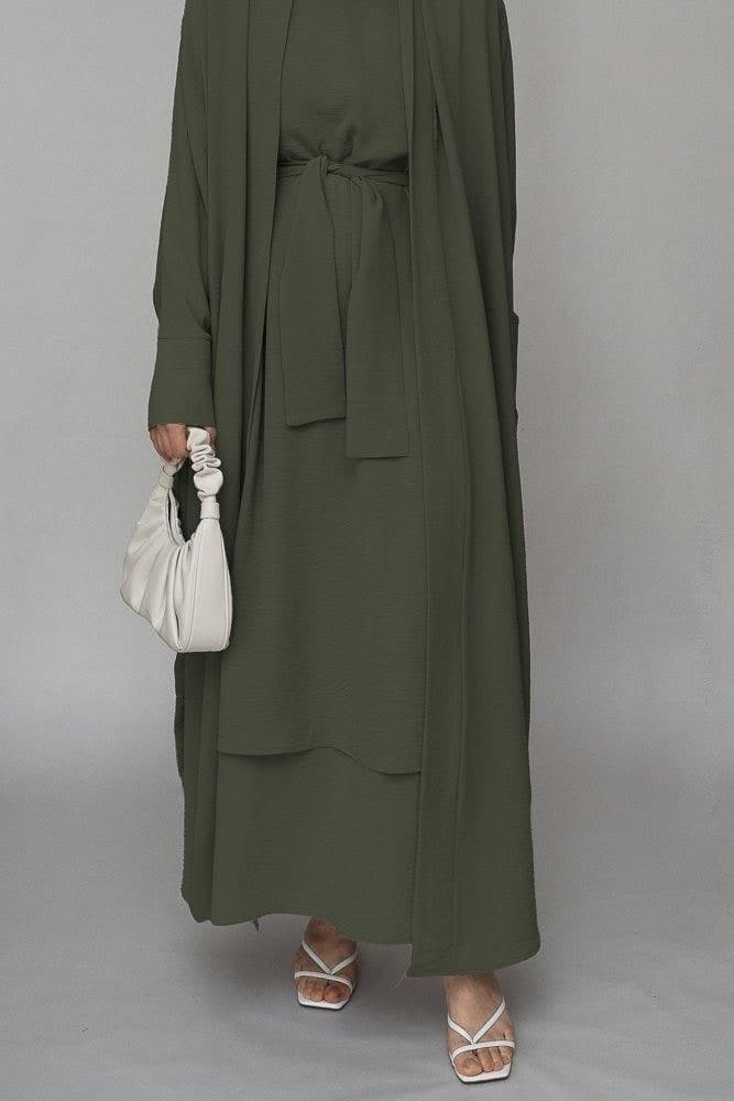 Cesta Three Piece Abaya Set with Ling Sleeve Slip Dress Throw Over and a Belt in Green, view 3