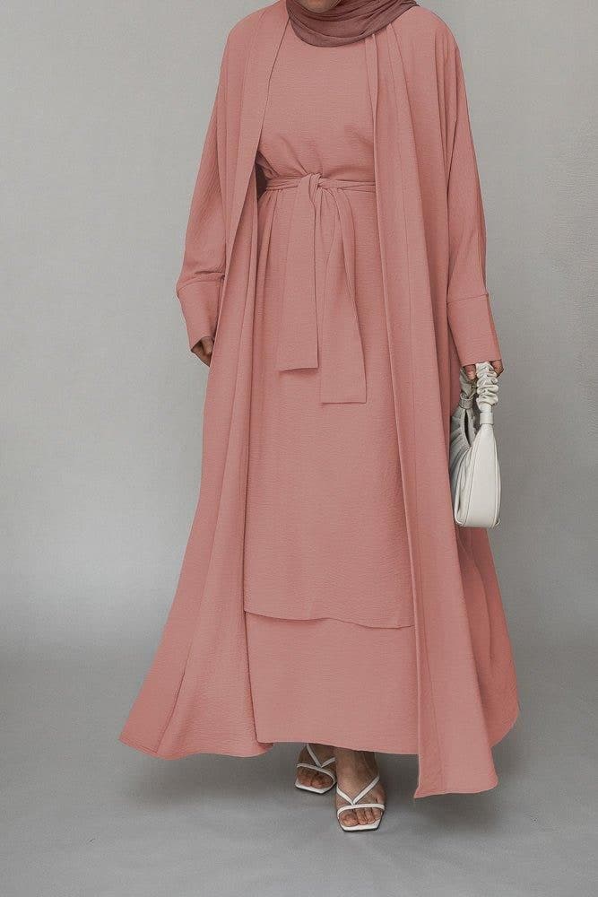 Prilla Three Piece Abaya Set with Ling Sleeve Slip Dress Throw Over and a Belt in Pink, view 3