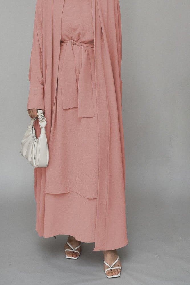 Prilla three piece abaya set with ling sleeve slip dress throw over and a belt in pink