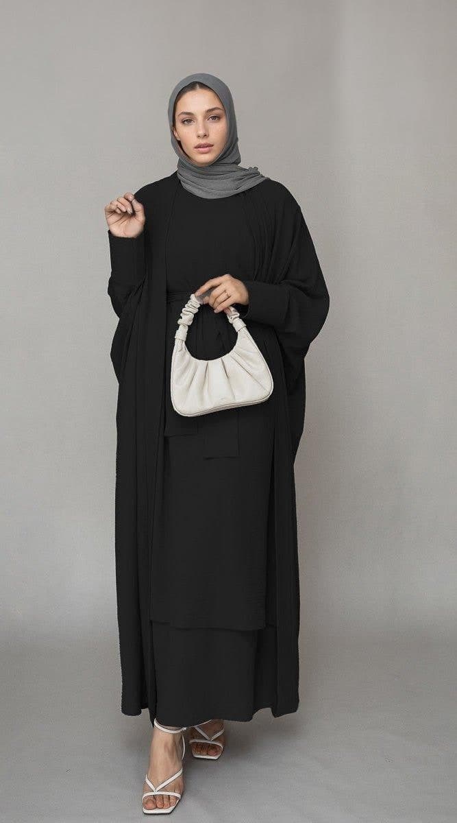 Alosia three piece abaya set with ling sleeve slip dress throw over and a belt in black