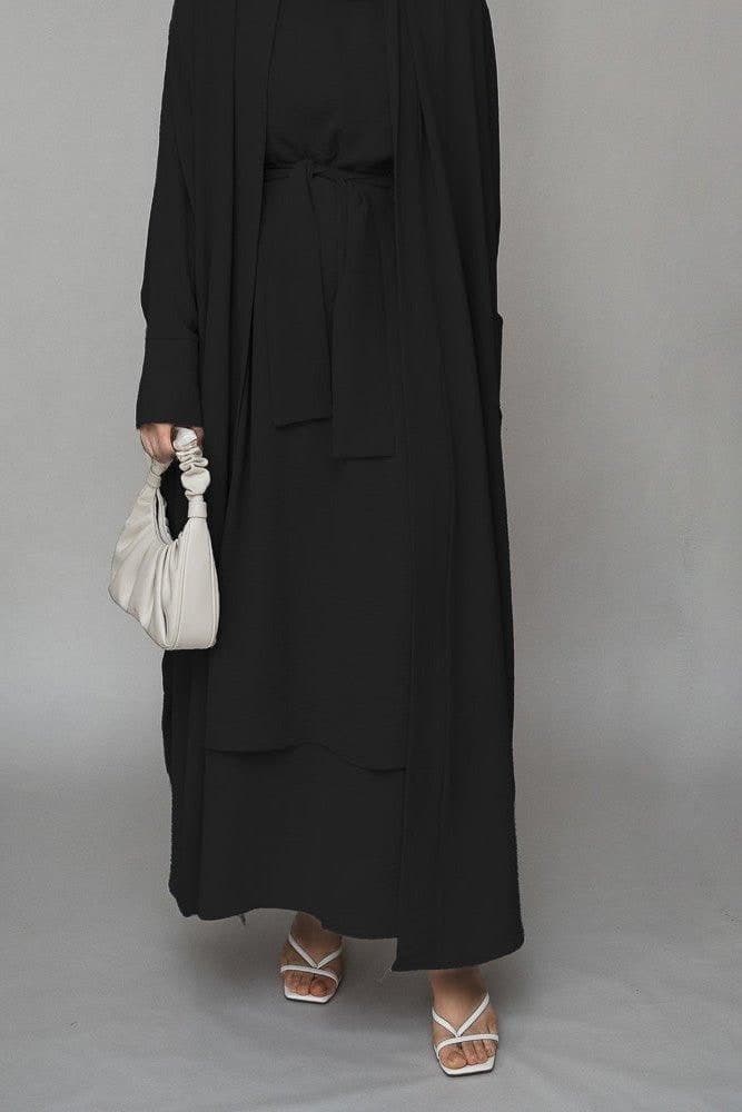 Alosia Three Piece Abaya Set with Ling Sleeve Slip Dress Throw Over and a Belt in Black, view 3
