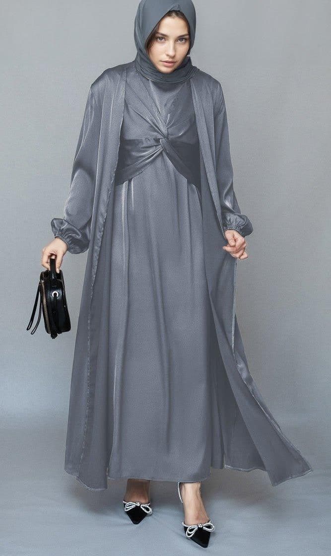 Khadijaa 2 Piece Luxury 2 Piece Abaya with Wrap Bodice in Black, view 5