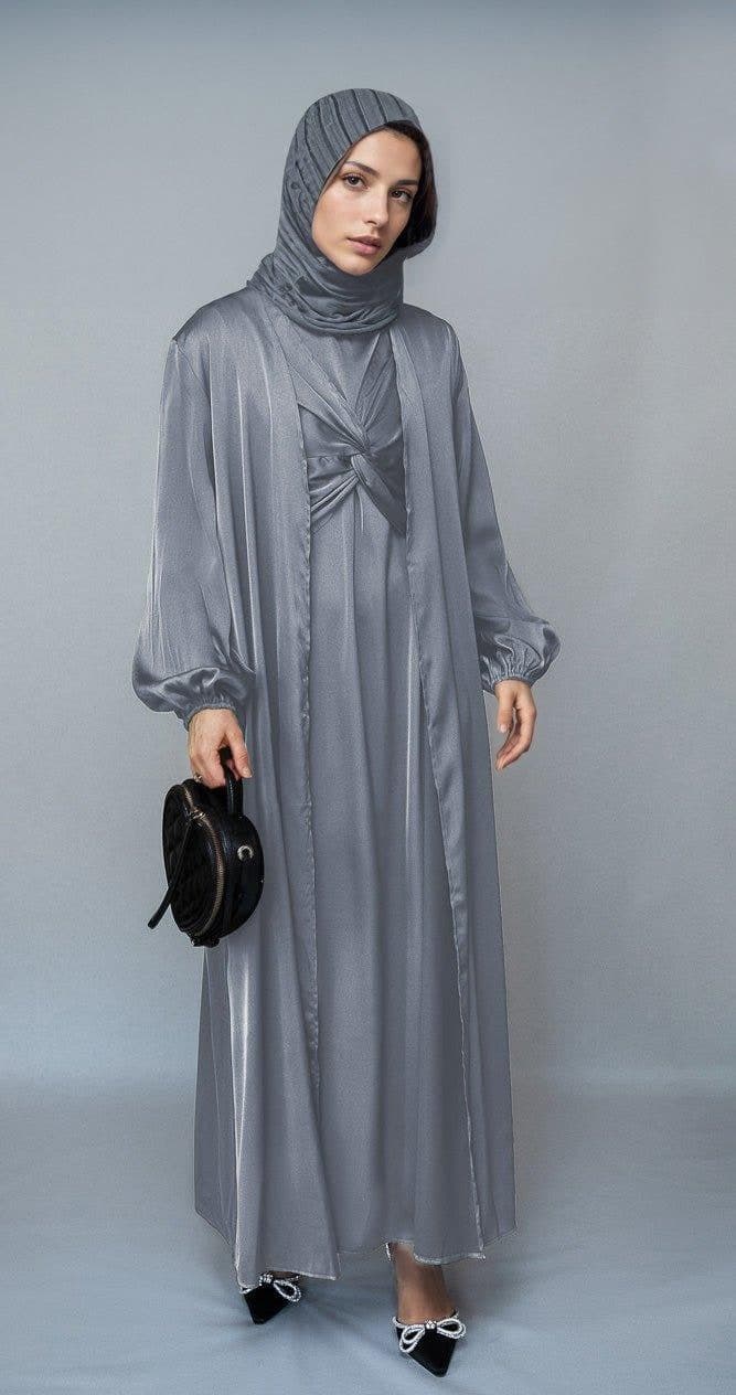 Khadijaa 2 Piece Luxury 2 Piece Abaya with Wrap Bodice in Black, view 8