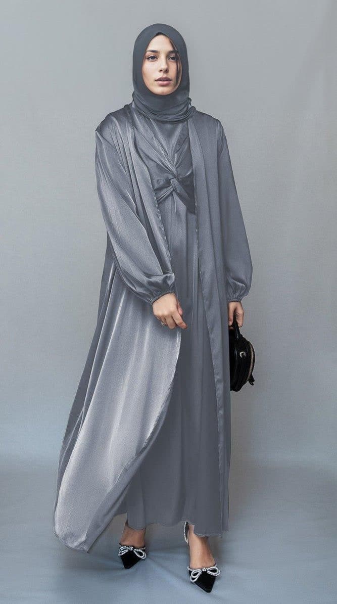 Khadijaa 2 Piece Luxury 2 Piece Abaya with Wrap Bodice in Black, view 4