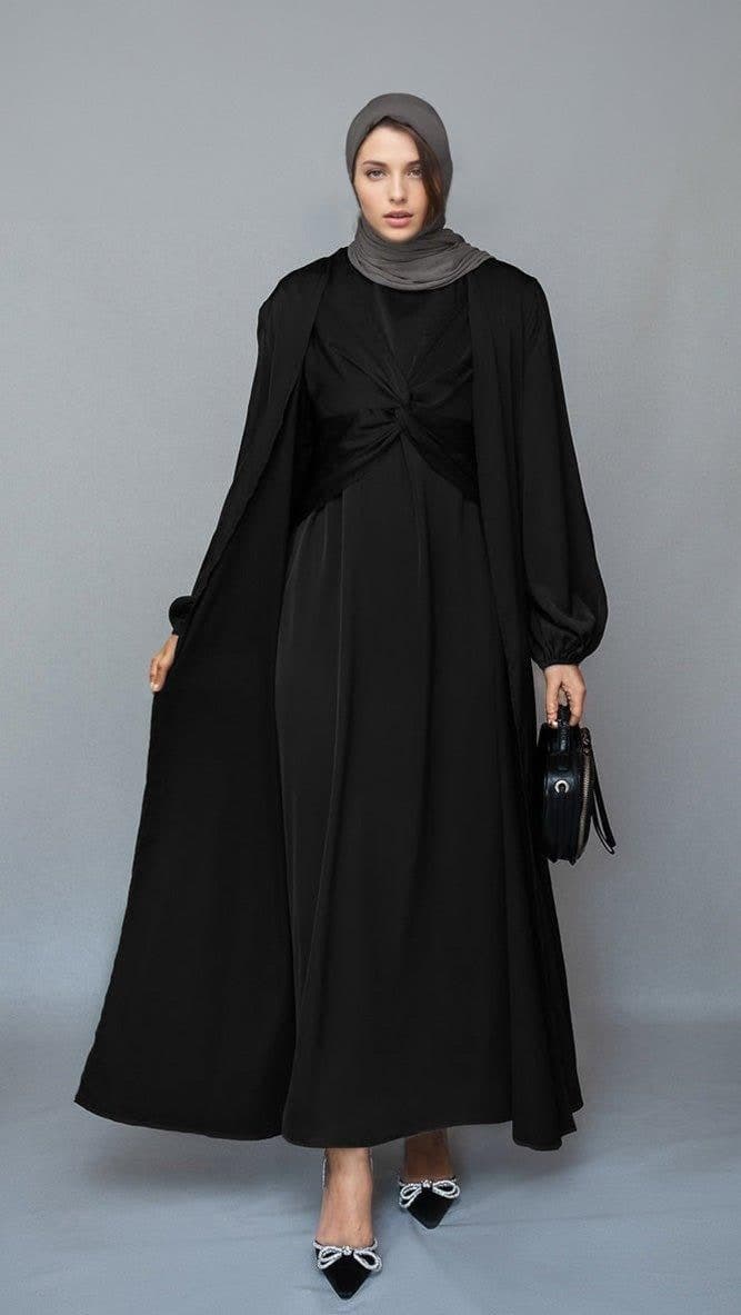 Khadijaa 2 Piece Luxury 2 Piece Abaya with Wrap Bodice in Black, view 3
