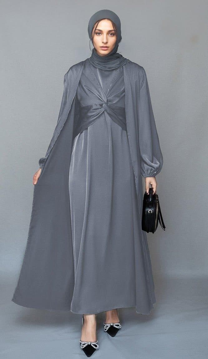 Khadijaa 2 Piece Luxury 2 Piece Abaya with Wrap Bodice in Black, view 6