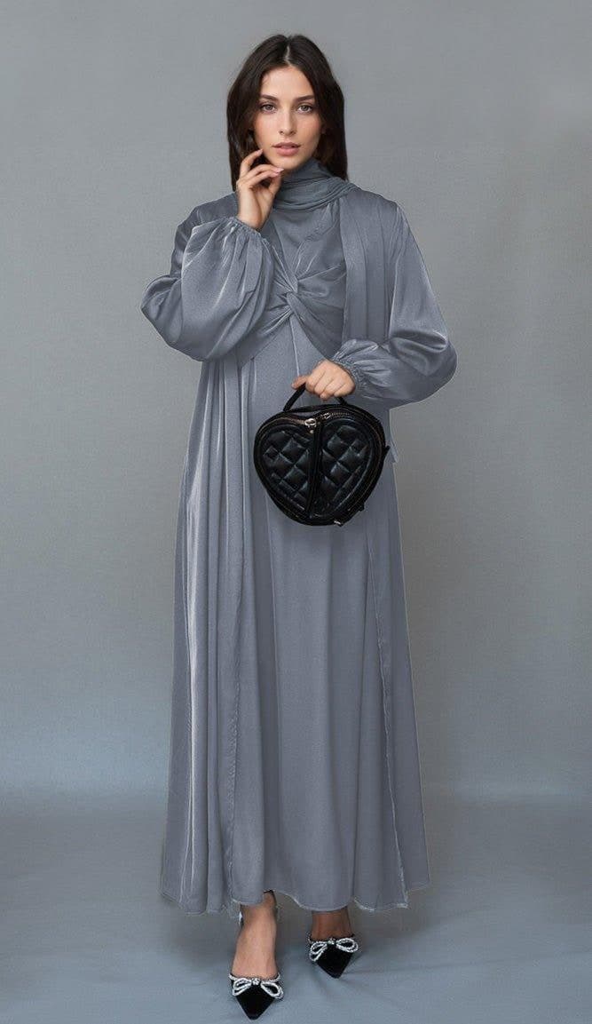 Khadijaa 2 Piece Luxury 2 Piece Abaya with Wrap Bodice in Black, view 9