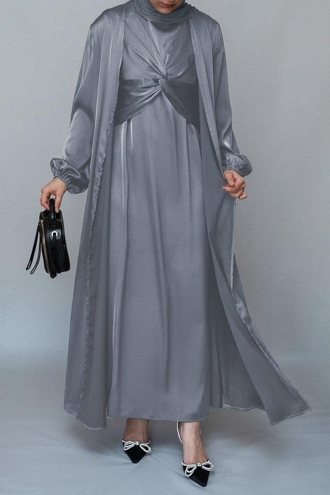 Meltem 2 Piece Luxury 2 Piece Abaya with Wrap Bodice in Grey, view 6