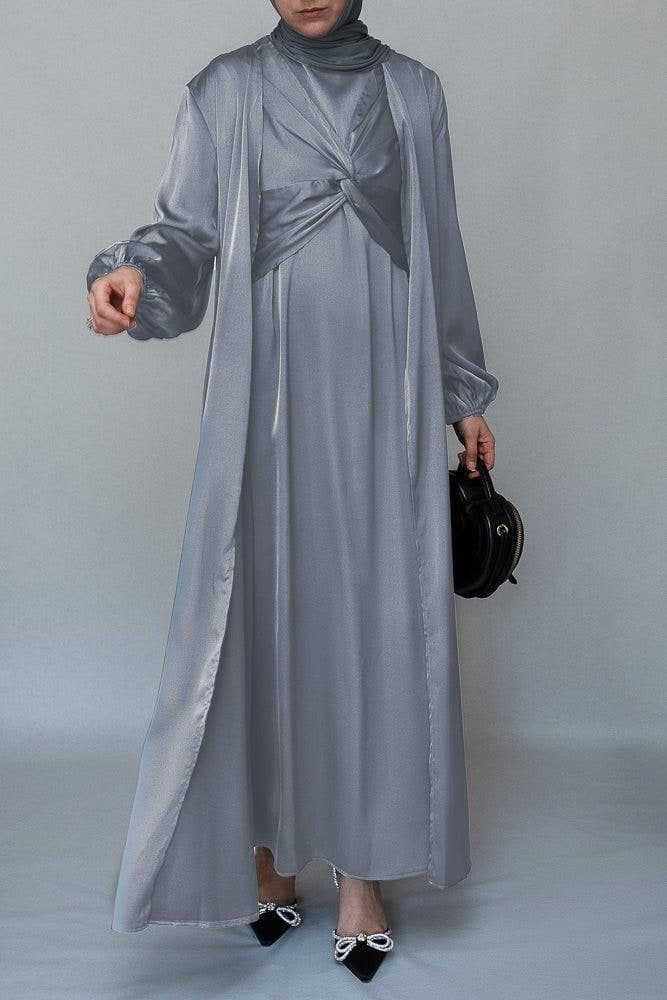 Meltem 2 Piece Luxury 2 Piece Abaya with Wrap Bodice in Grey, view 3