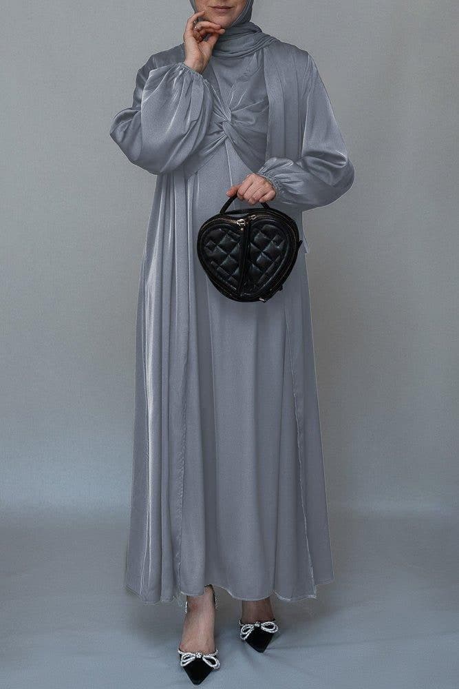 Meltem 2 Piece Luxury 2 Piece Abaya with Wrap Bodice in Grey, view 7