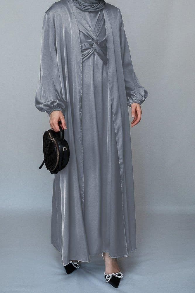 Meltem 2 Piece Luxury 2 Piece Abaya with Wrap Bodice in Grey, view 5