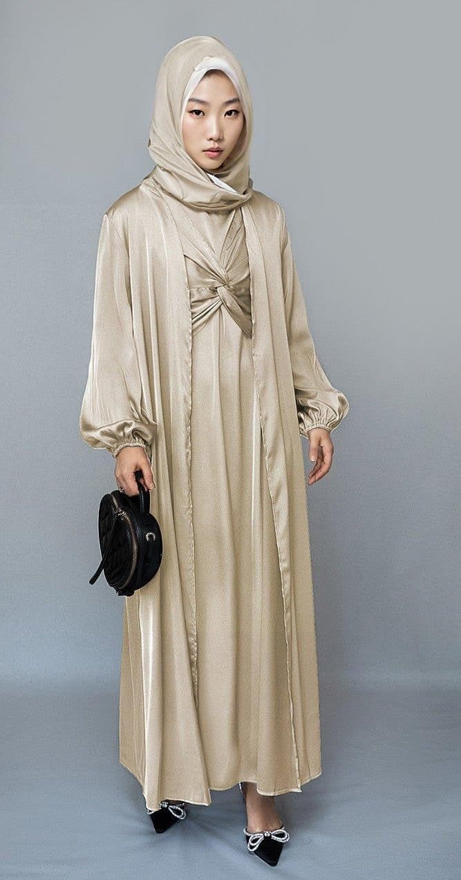 Aigerim 2 Piece Luxury 2 Piece Abaya with Wrap Bodice in Beige, view 5