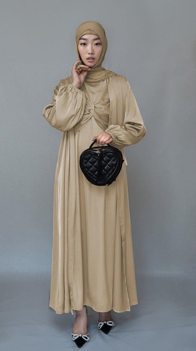 Aigerim 2 Piece Luxury 2 Piece Abaya with Wrap Bodice in Beige, view 4