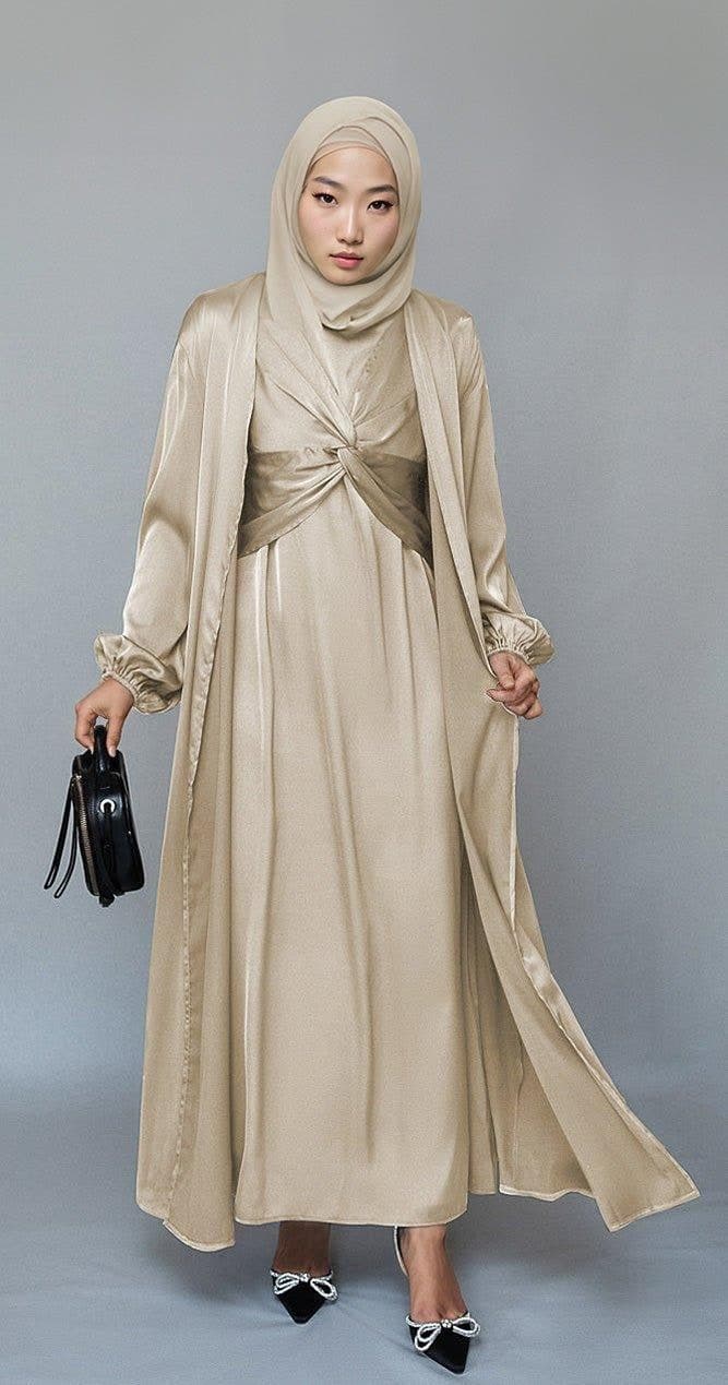 Aigerim 2 Piece Luxury 2 Piece Abaya with Wrap Bodice in Beige, view 6
