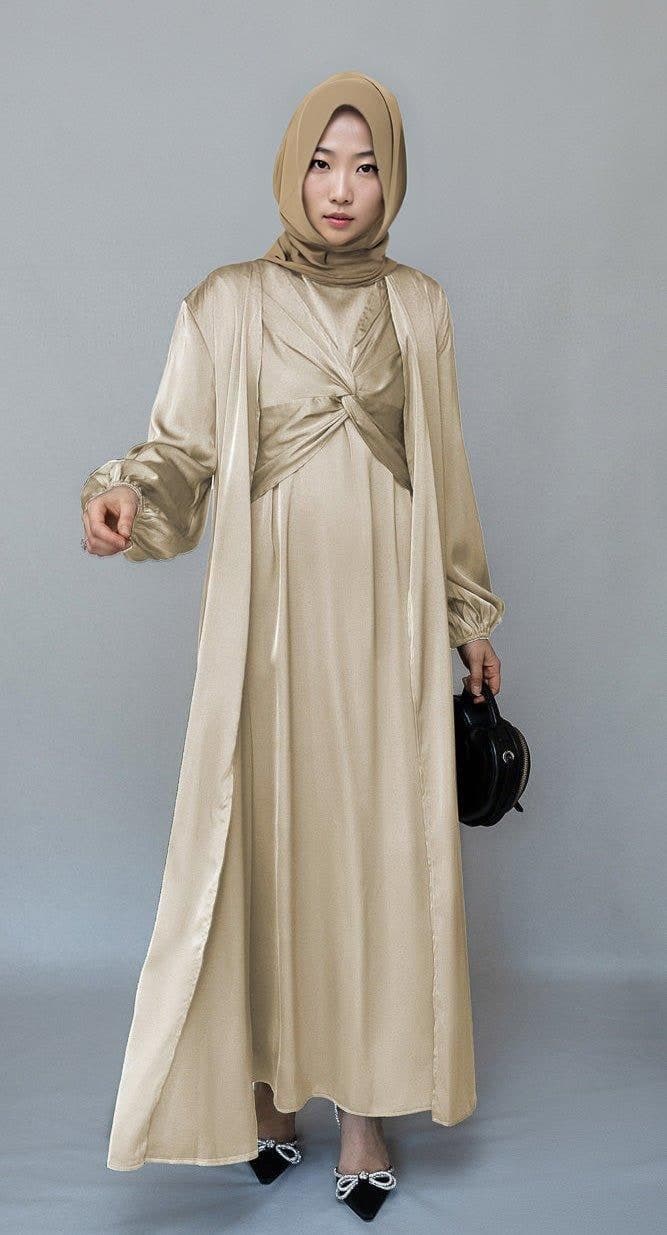 Aigerim 2 Piece Luxury 2 Piece Abaya with Wrap Bodice in Beige, view 3