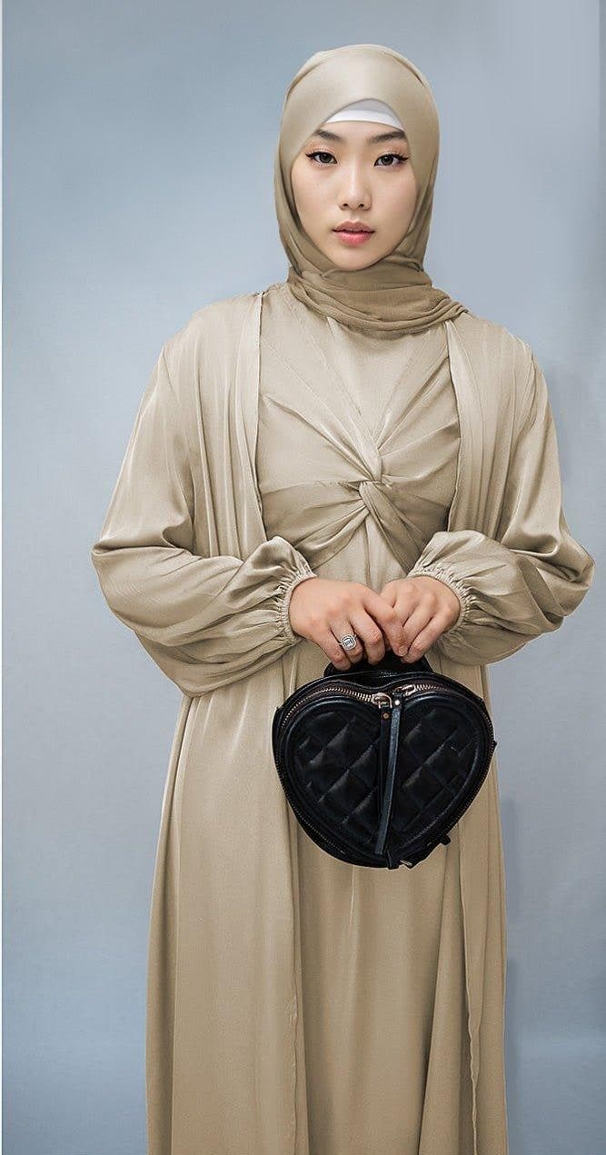Aigerim 2 Piece Luxury 2 Piece Abaya with Wrap Bodice in Beige, view 7