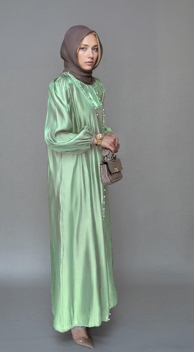 Lusindi Organza Like Faux Pearl Abaya with Slip Dress and Detachable Belt Ramadan Eid Set in Light Green, view 4